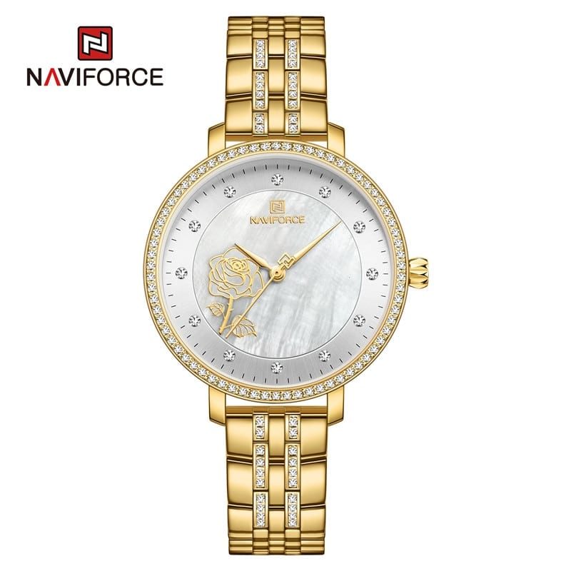 Relógio Feminino Elegante de Luxo Estilo Diamantes em Aço Inoxidável Dourado e Branco