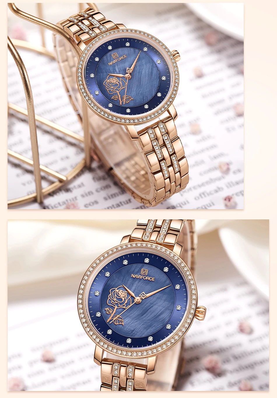 Relógio Feminino Elegante de Luxo Estilo Diamantes em Aço Inoxidável NAVIFORCE Dourado e Azul