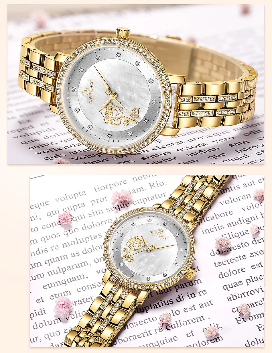 Relógio Feminino Elegante de Luxo Estilo Diamantes em Aço Inoxidável NAVIFORCE Dourado e Branco