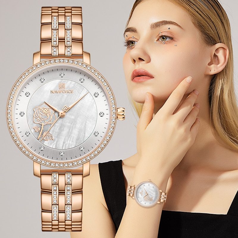Relógio Feminino Elegante de Luxo Estilo Diamantes em Aço Inoxidável NAVIFORCE Modelo