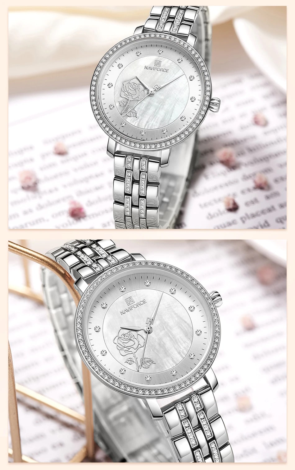 Relógio Feminino Elegante de Luxo Estilo Diamantes em Aço Inoxidável NAVIFORCE Prata