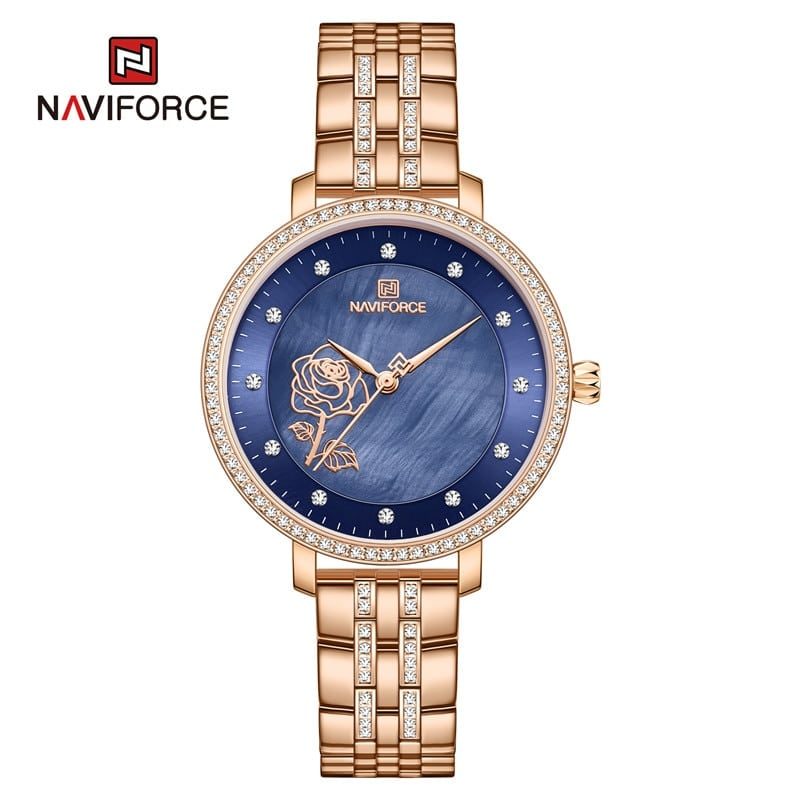 Relógio Feminino Elegante de Luxo Estilo Diamantes em Aço Inoxidável NAVIFORCE Rose e Azul