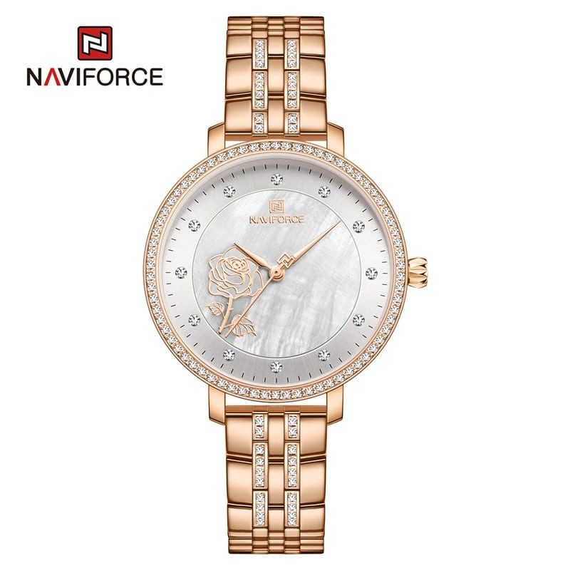 Relógio Feminino Elegante de Luxo Estilo Diamantes em Aço Inoxidável Rose e Branco