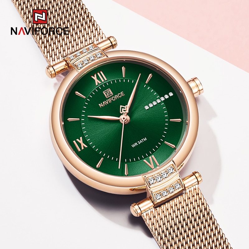 Relógio Feminino Marca NAVIFORCE Dourado e Verde