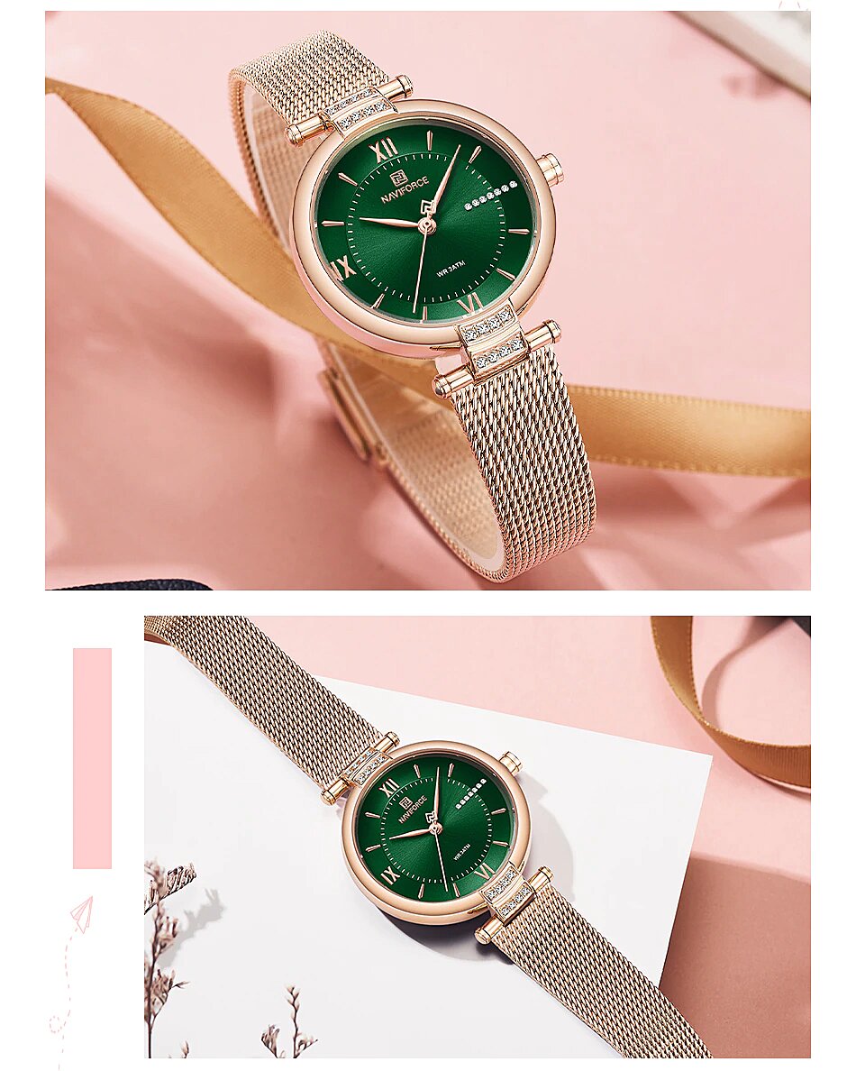 Relógio Feminino Marca NAVIFORCE Pulseira em Aço Inoxidável Display Verde