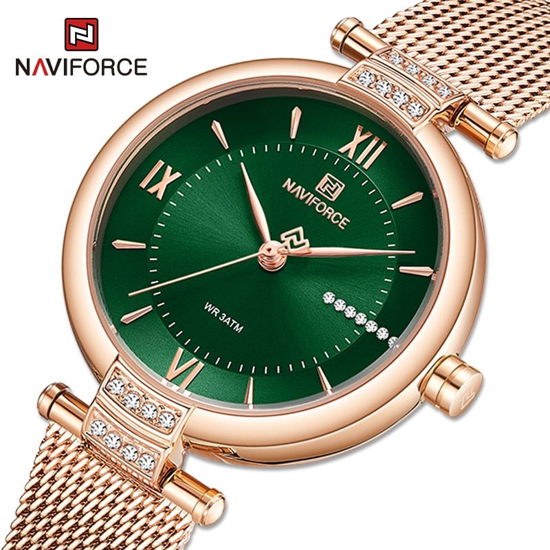 Relógio Feminino Marca NAVIFORCE Pulseira em Aço Inoxidável Dourado e Verde