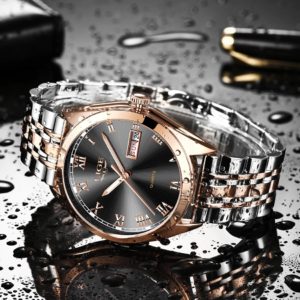 Relógio Feminino de Luxo Marca Lige em Aço À Prova d'água com Calendário Rose Gold Black (2)