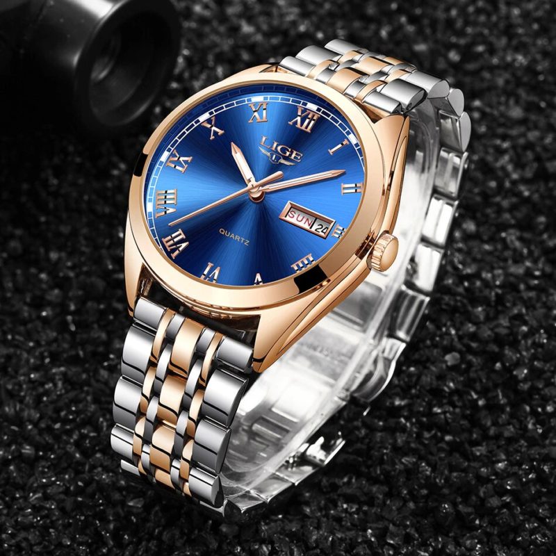 Relógio Feminino de Luxo Marca Lige em Aço À Prova d'água com Calendário Rose Gold Blue (1)