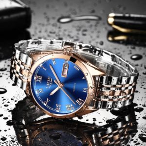 Relógio Feminino de Luxo Marca Lige em Aço À Prova d'água com Calendário Rose Gold Blue (2)