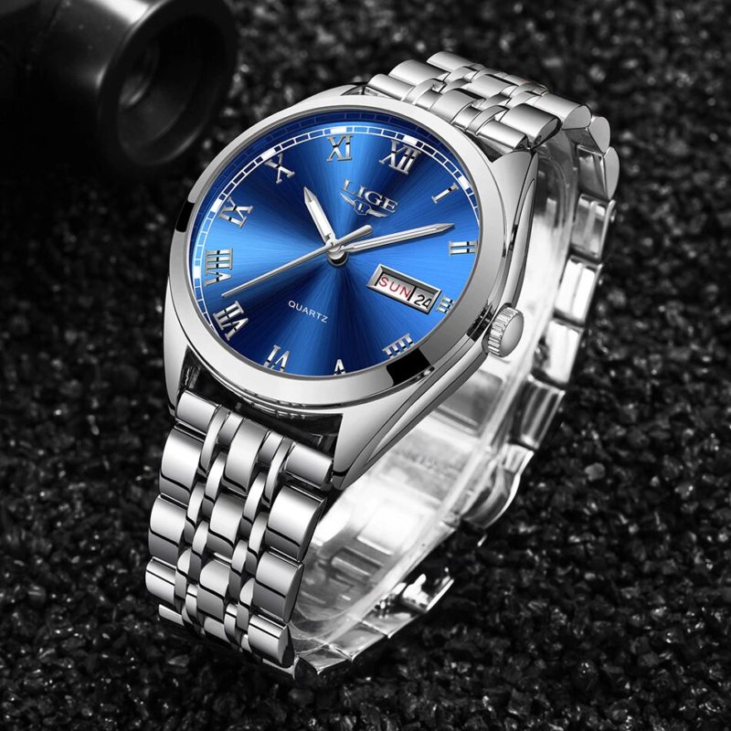 Relógio Feminino de Luxo Marca Lige em Aço À Prova d'água com Calendário Silver Blue (2)
