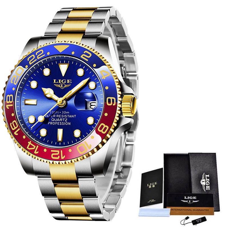 Relógio Lige Masculino de Luxo À Prova d'água com Calendário Vermelho Azul e Dourado (1)