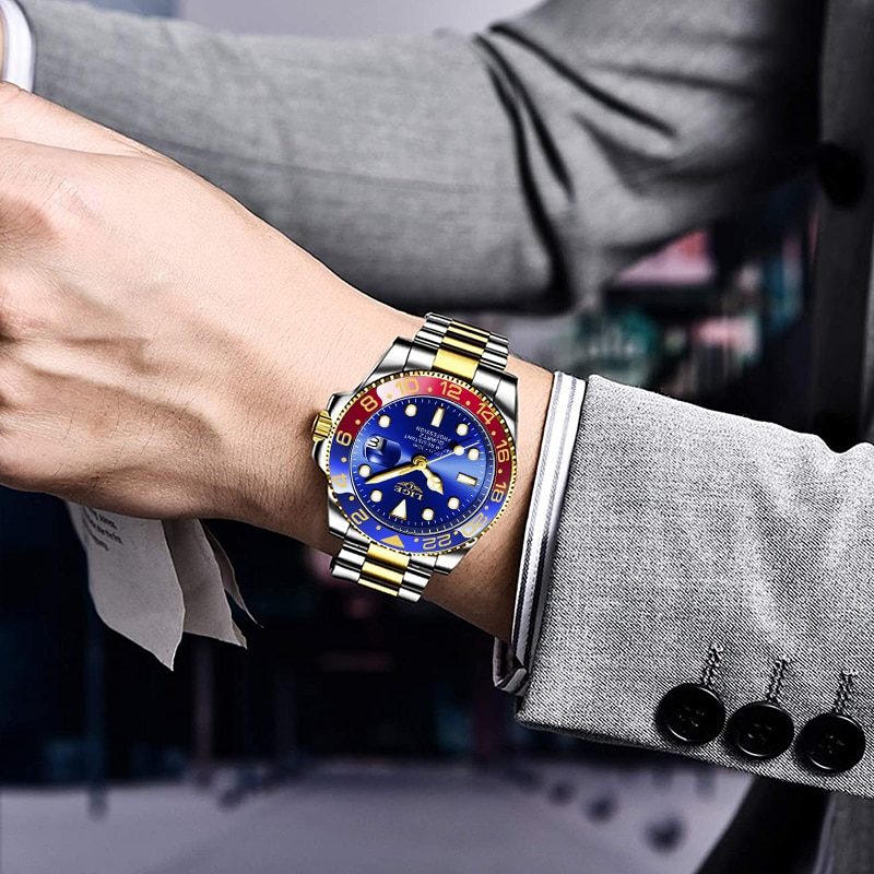 Relógio Lige Masculino de Luxo À Prova d'água com Calendário Vermelho Azul e Dourado (3)