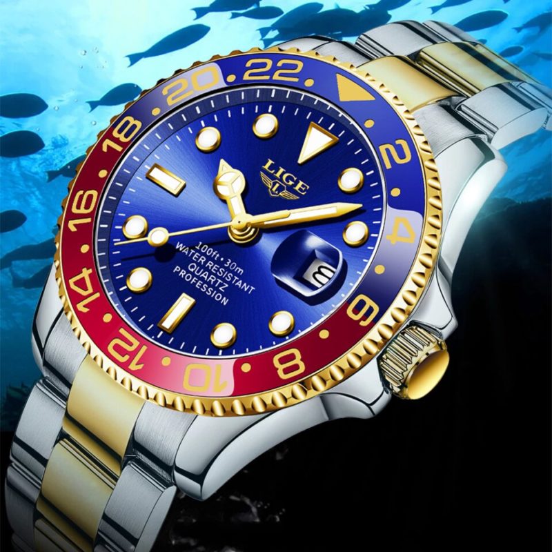 Relógio Lige Masculino de Luxo À Prova d'água com Calendário Vermelho Azul e Dourado