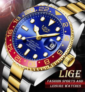 Relógio Lige Masculino de Luxo À Prova d'água com Calendário Vermelho Azul e Dourado (5)