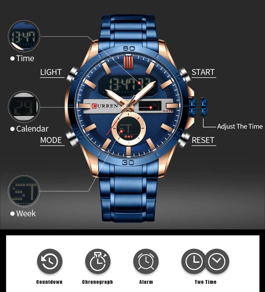 Relógio Masculino Digital e Analógico Curren Marca de Luxo Quartz Azul (3)