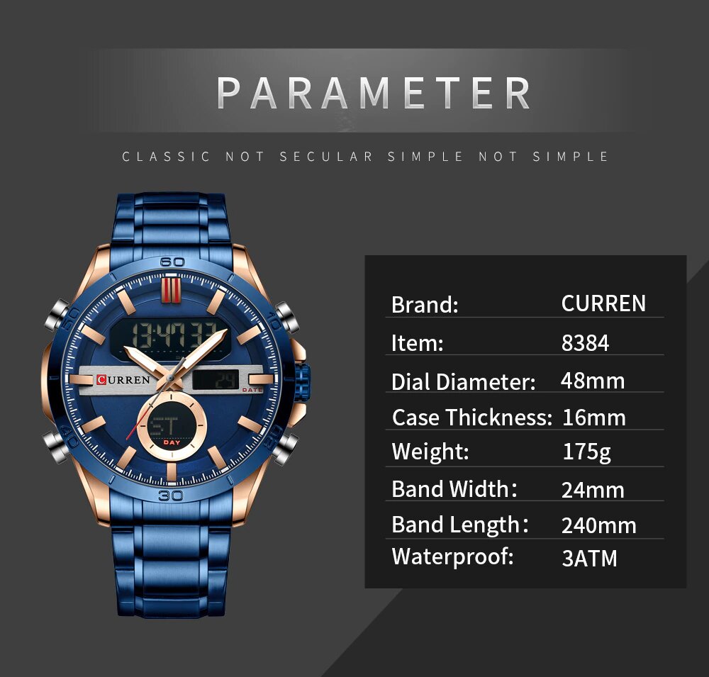 Relógio Masculino Digital e Analógico Curren Marca de Luxo Quartz Azul (5)