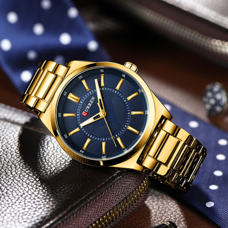 Relógio Masculino Luxuoso Curren para Homem de Negócios Aço Inoxidável Gold Blue (1)
