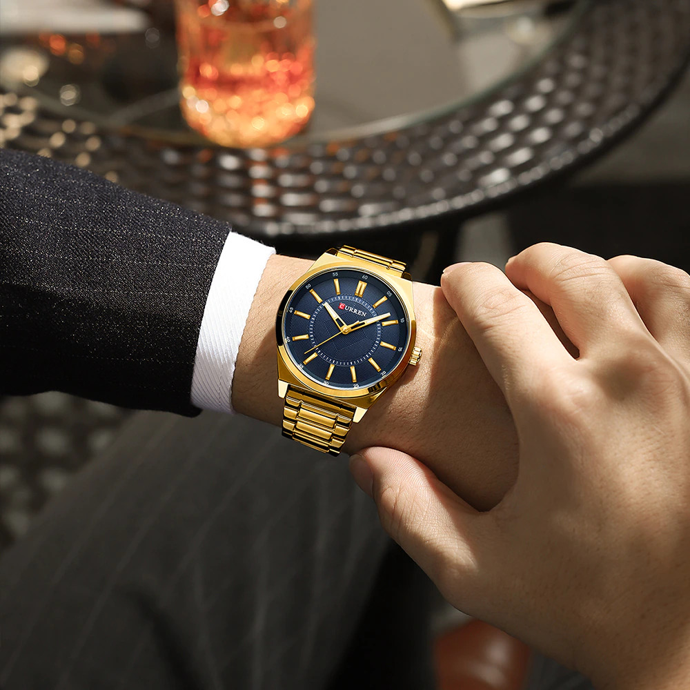 Relógio Masculino Luxuoso Curren para Homem de Negócios Aço Inoxidável Gold Blue (2)