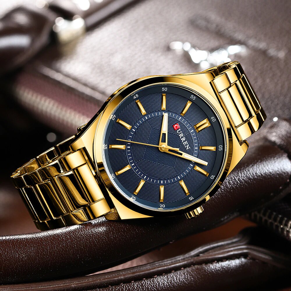 Relógio Masculino Luxuoso Curren para Homem de Negócios Aço Inoxidável Gold Blue (6)