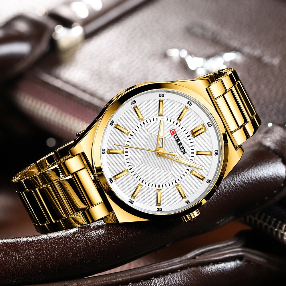 Relógio Masculino Luxuoso Curren para Homem de Negócios Aço Inoxidável Gold White (1)