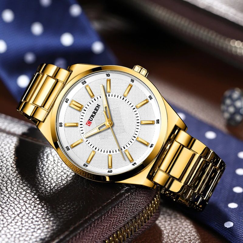 Relógio Masculino Luxuoso Curren para Homem de Negócios Aço Inoxidável Gold White (2)