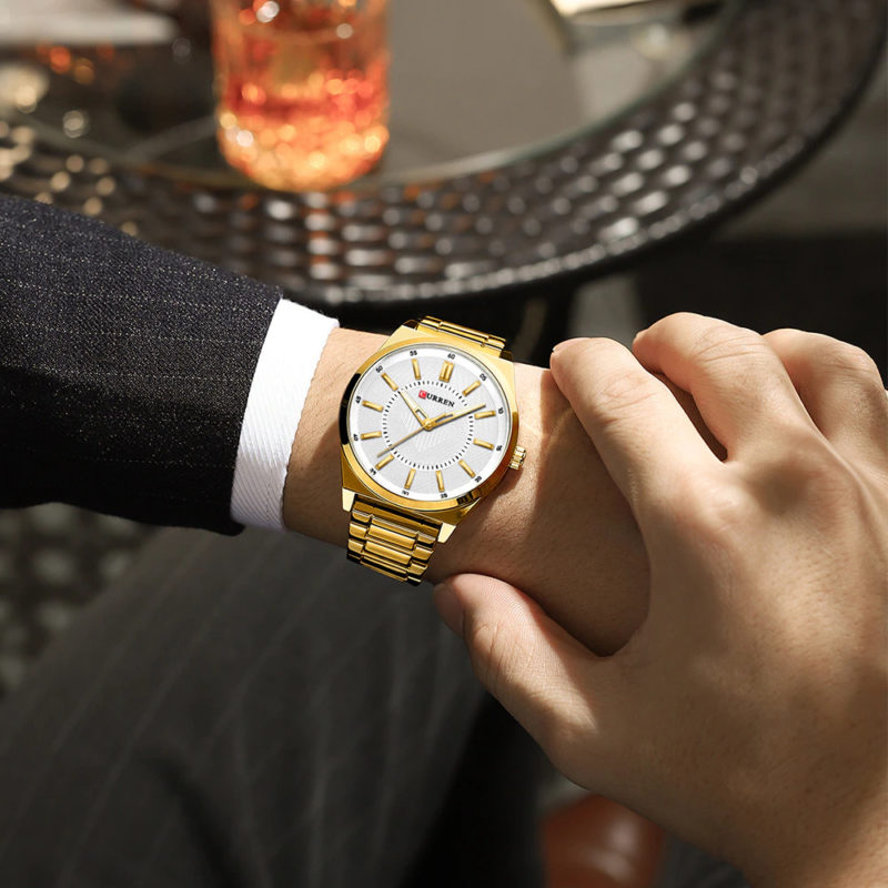 Relógio Masculino Luxuoso Curren para Homem de Negócios Aço Inoxidável Gold White (3)