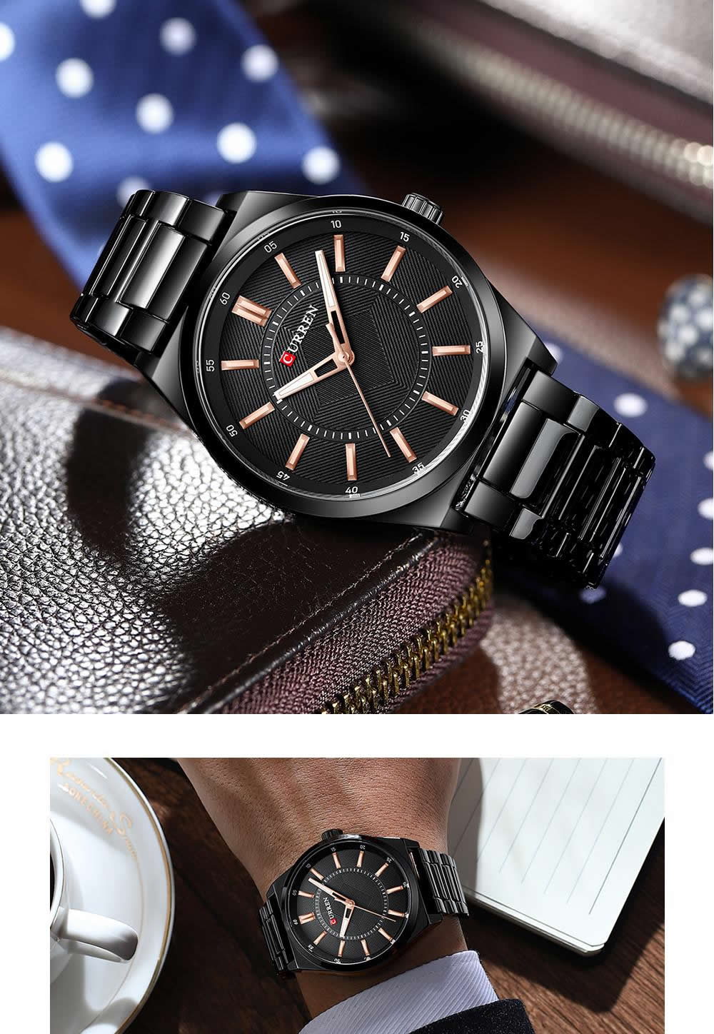 Relógio Masculino Luxuoso Curren para Homem de Negócios Aço Inoxidável Preto Black (5)