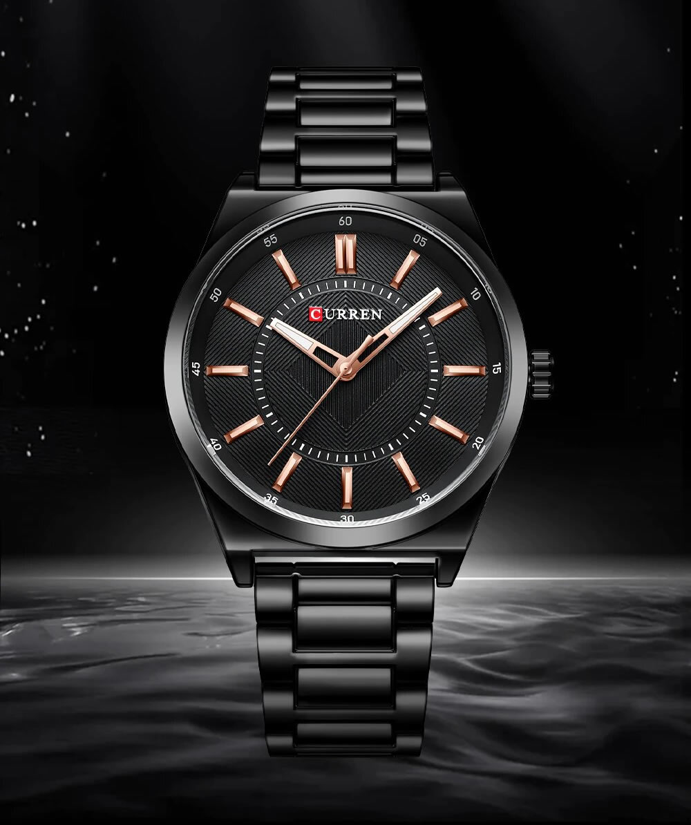 Relógio Masculino Luxuoso Curren para Homem de Negócios Aço Inoxidável Preto Black (6)