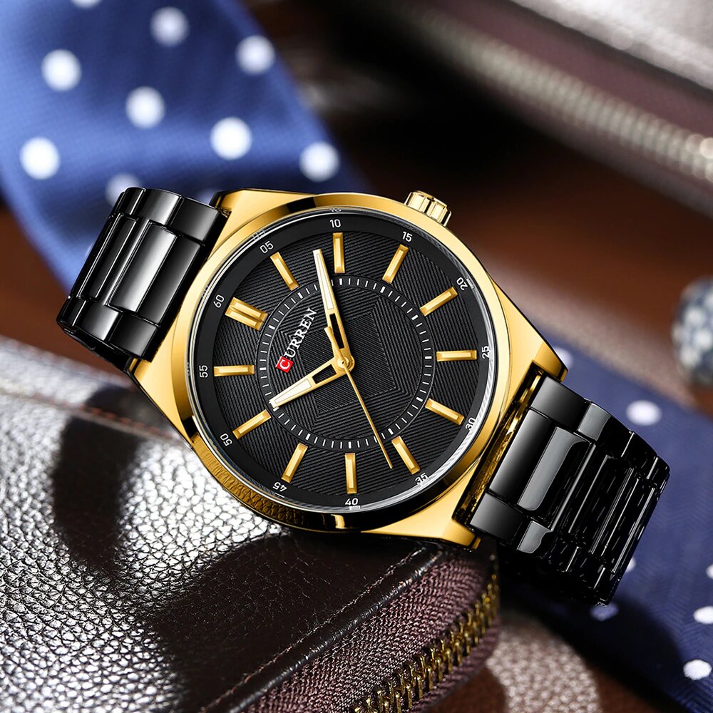 Relógio Masculino Luxuoso Curren para Homem de Negócios Aço Inoxidável Preto Black Gold (4)