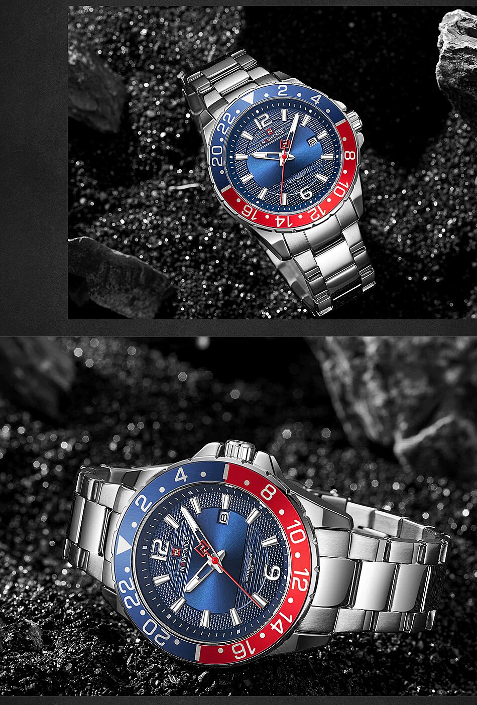 Relógio Masculino de Luxo NAVIFORCE Aço Inoxidável Prata Azul e Vermelho