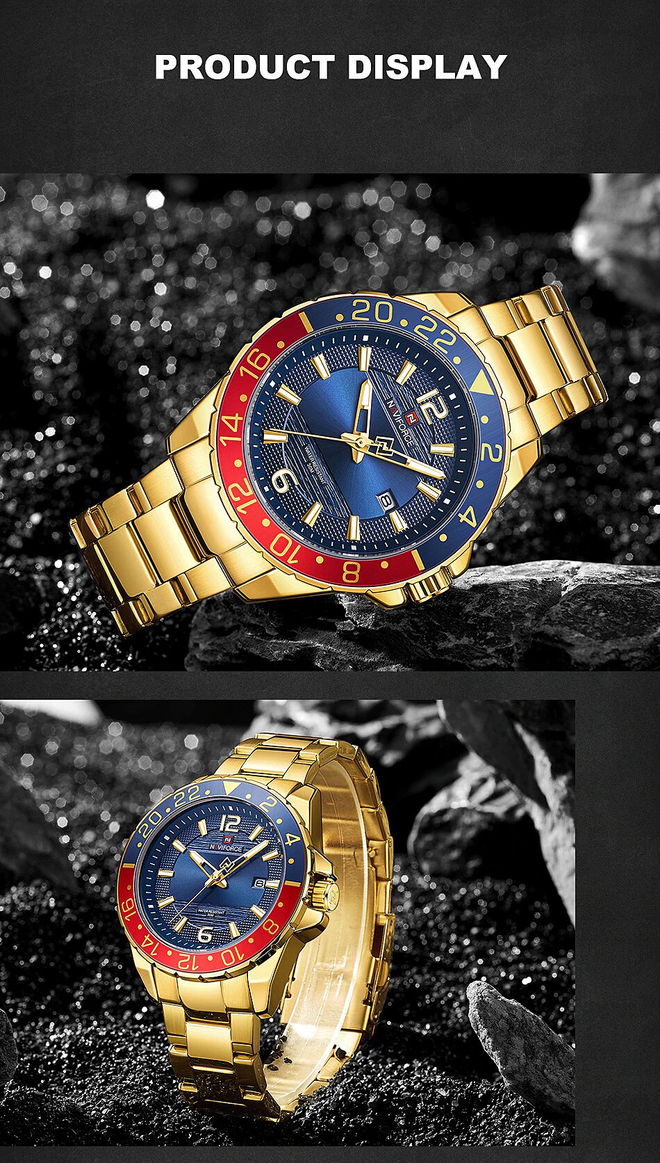 Relógio Masculino de Luxo NAVIFORCE Ouro Azul e Vermelho