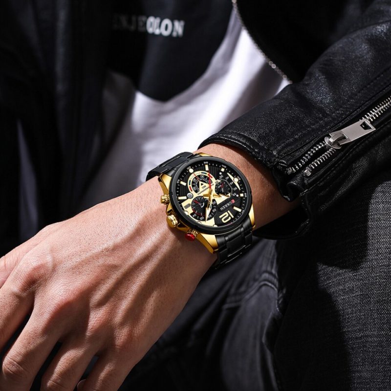 Relógio Masculino de Pulso Luxuoso de Quartzo Curren em Aço Preto e Dourado (2)