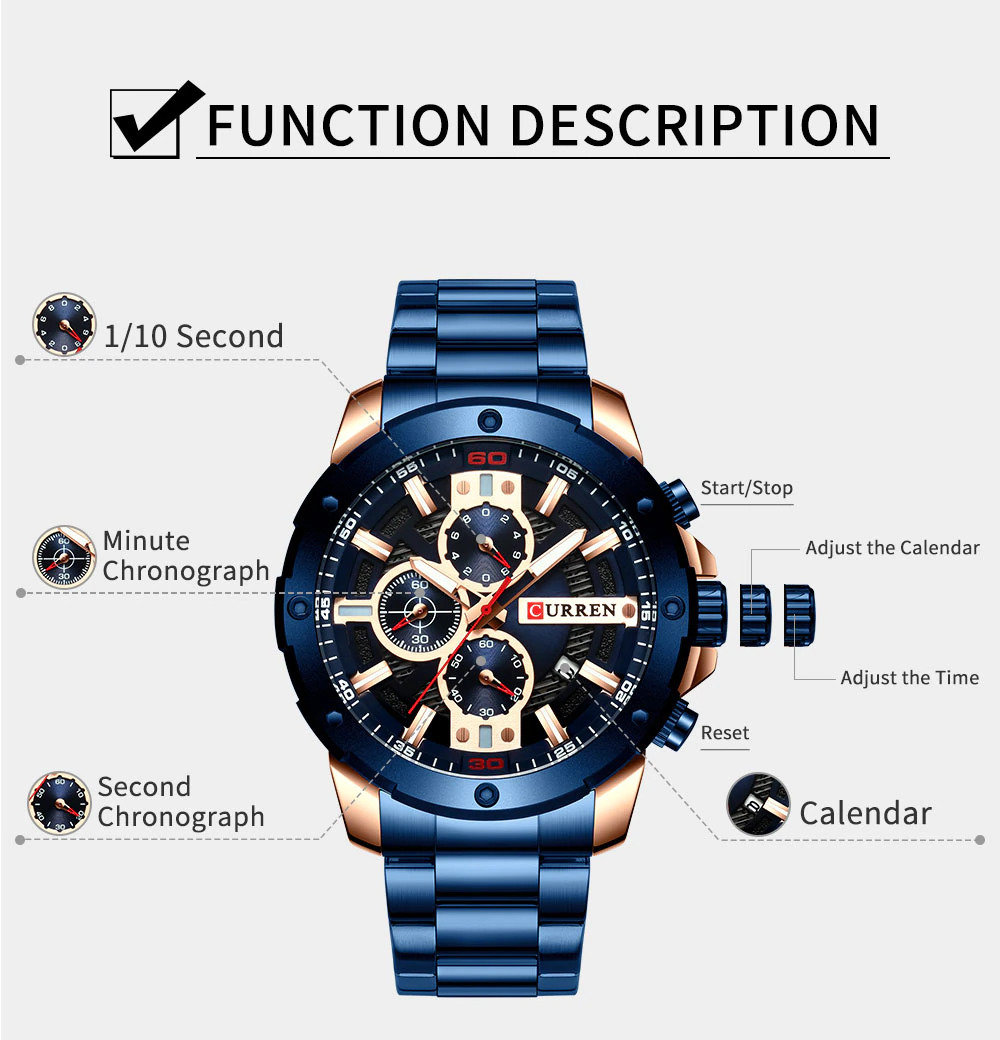 Relógio de Pulso Masculino Casual de Luxo Estilo Esportivo Curren Azul (4)