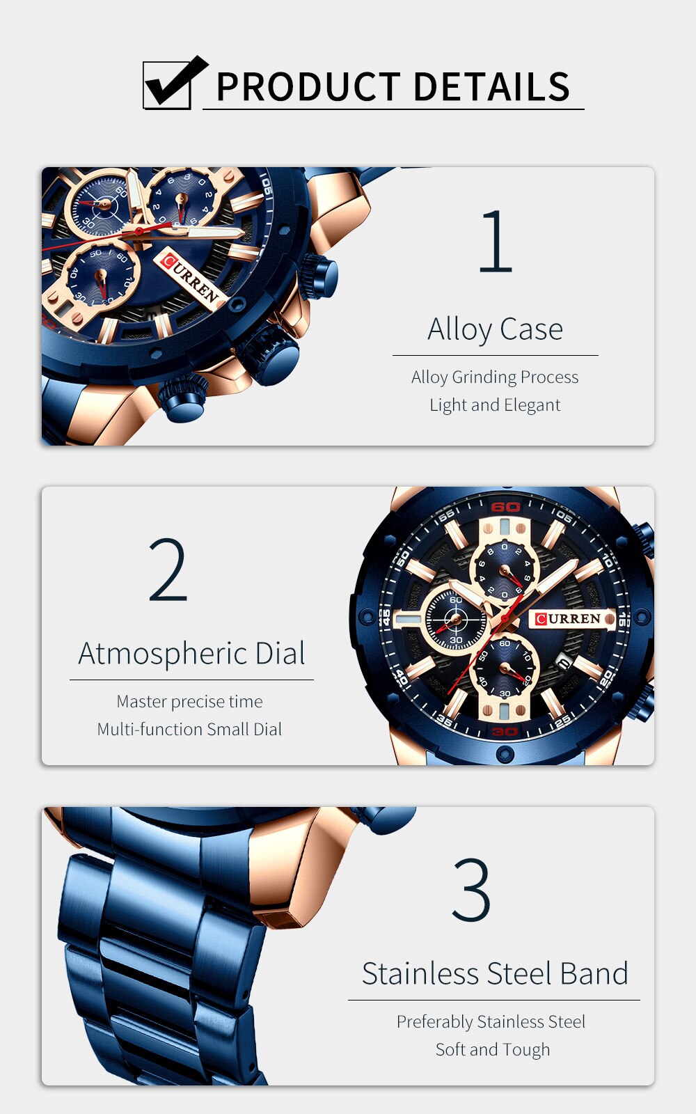 Relógio de Pulso Masculino Casual de Luxo Estilo Esportivo Curren Azul (9)