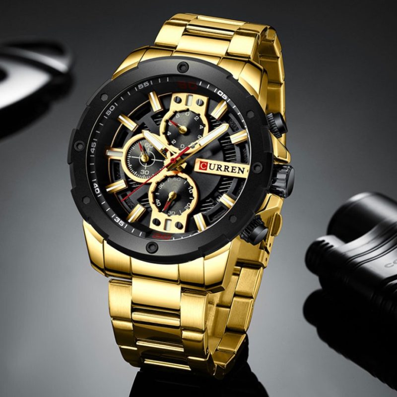 Relógio de Pulso Masculino Casual de Luxo Estilo Esportivo Curren Ouro Black (2)