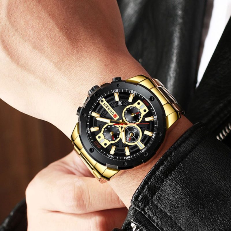 Relógio de Pulso Masculino Casual de Luxo Estilo Esportivo Curren Ouro Black (3)