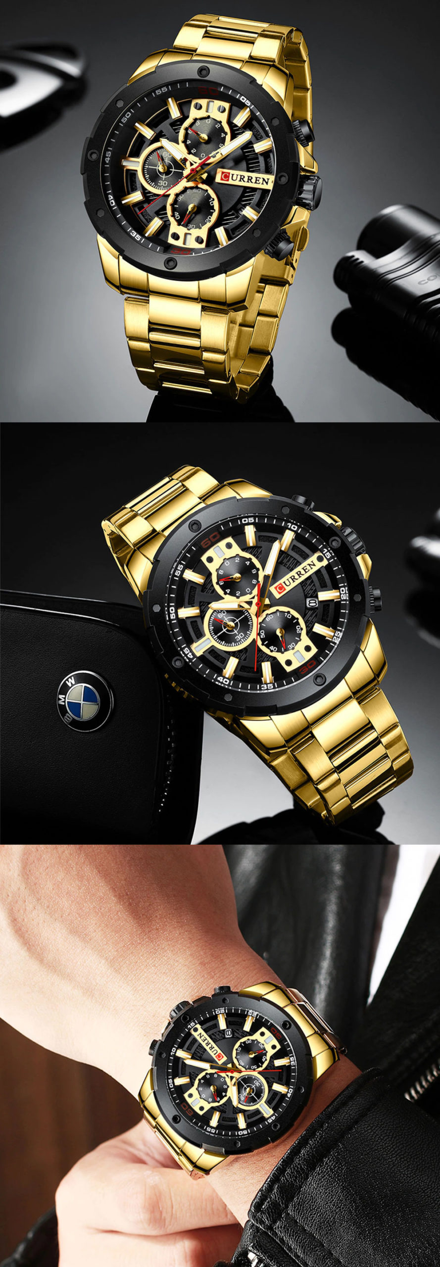 Relógio de Pulso Masculino Casual de Luxo Estilo Esportivo Curren Ouro Black (4)